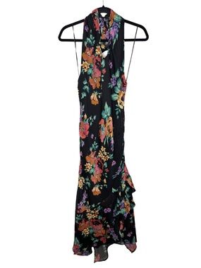 River Island Black Floral Halter Maxi Dress Cowl Back Asymmetric Hem Boho US 6